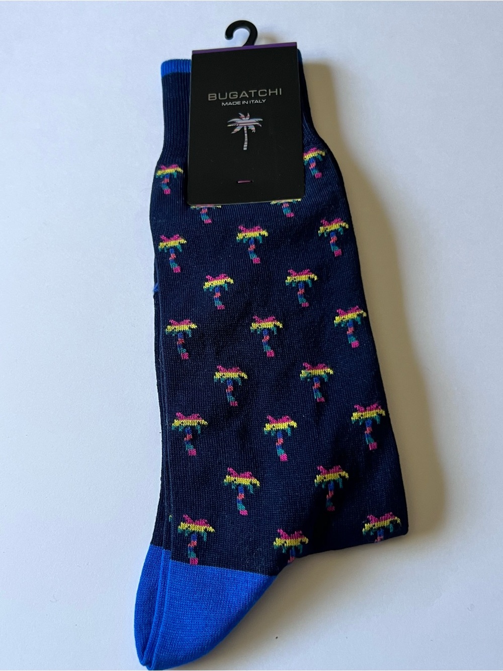 BUGATCHI MENS MERCERIZED COTTON SOCKS PALM TREE PRINT BLUE OS NWT